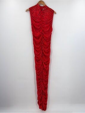 OFUURE Red Ruched Maxi Dress with Black Polka Dot Print